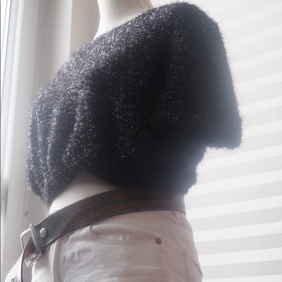 Vtg 80s Fluffy Sparkly Black & Silver Crop Sweater - Picture 3 of 9